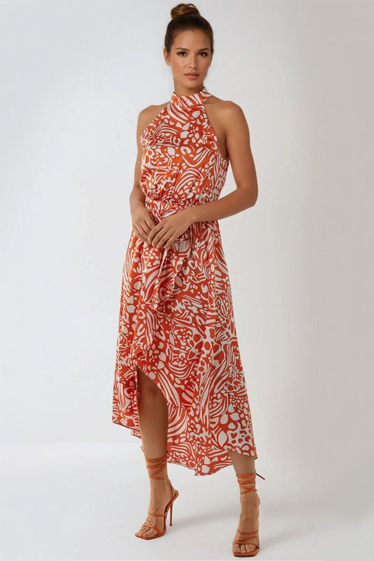 Orange Floral Halterneck Wrap Midi Dress-0