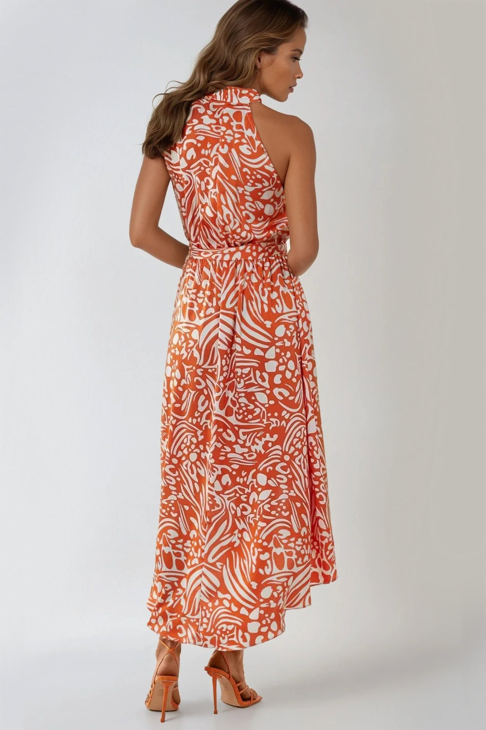 Orange Floral Halterneck Wrap Midi Dress-2