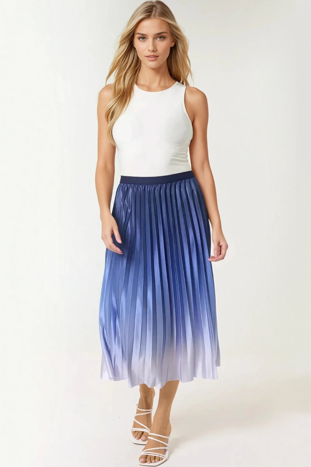 Blue Gradient Pleated Midi Skirt-0