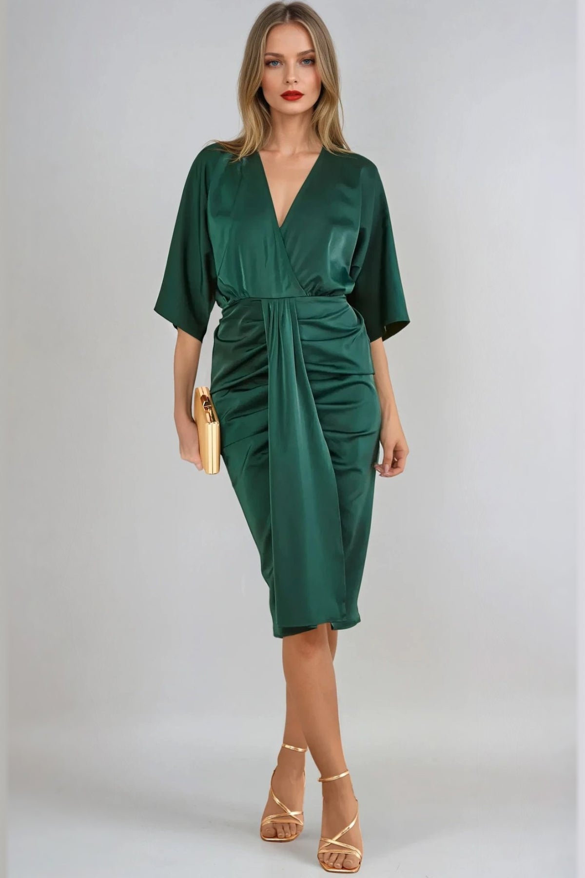 Green Satin Wrap Midi Dress-0
