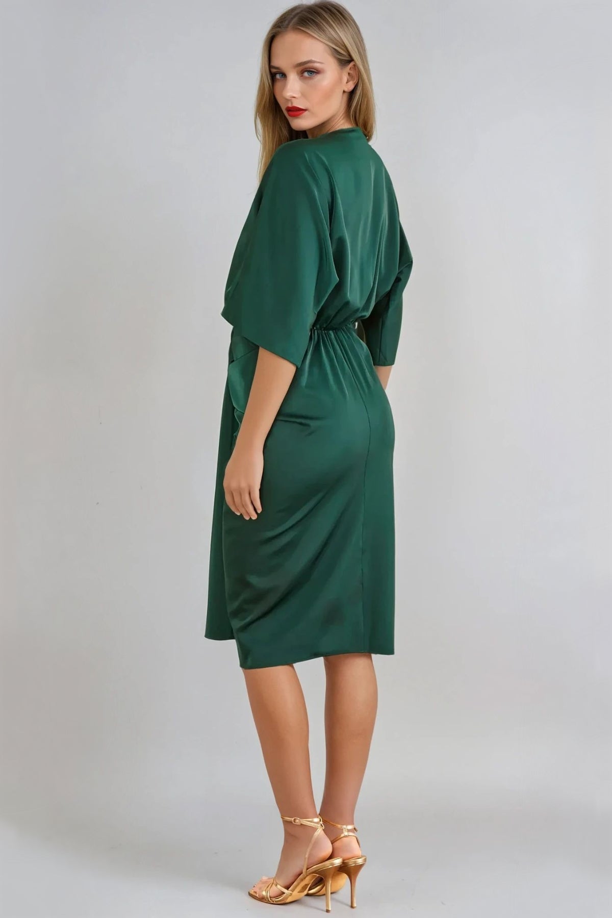 Green Satin Wrap Midi Dress-2
