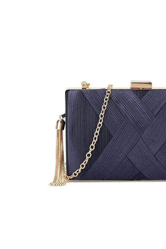 Navy Satin Clutch Bag With Tassels-1