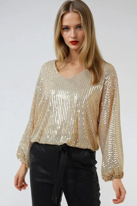 Gold Sequin V Neck Long Sleeve Top-0