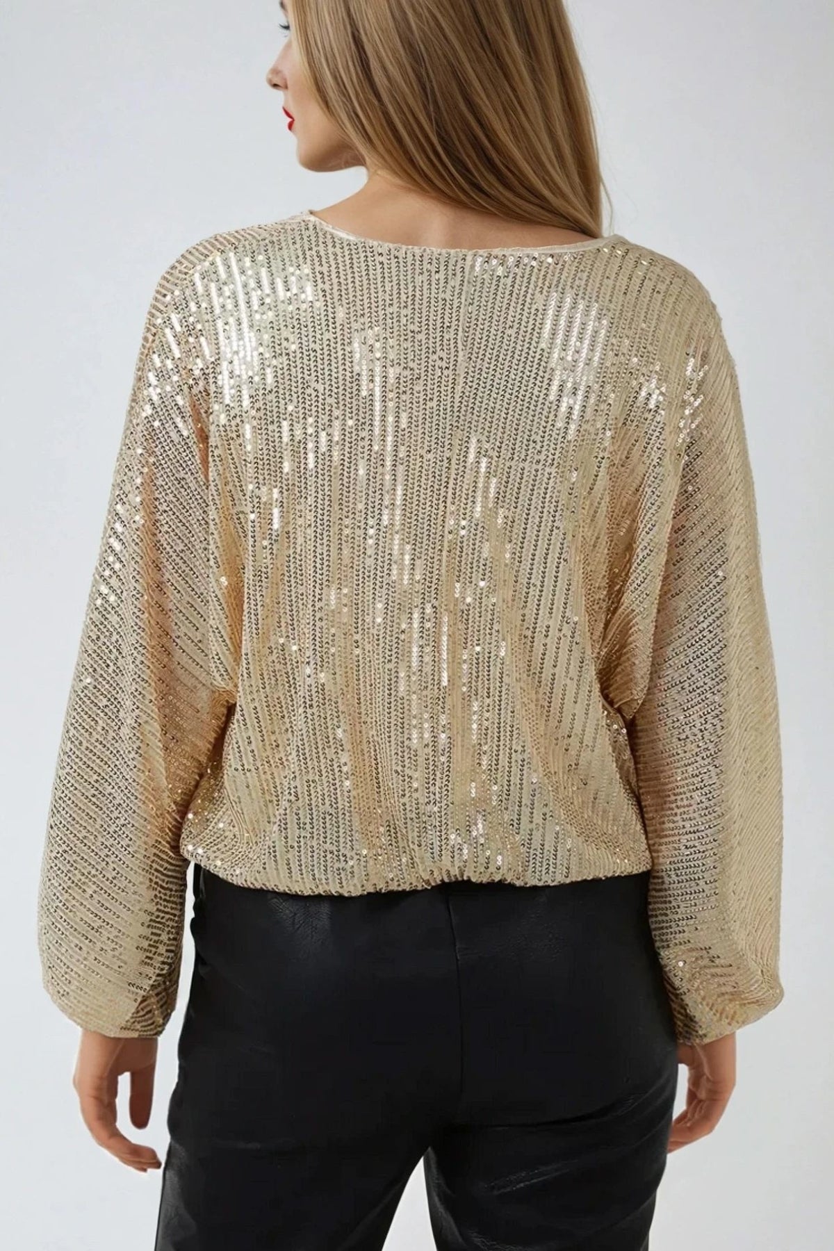 Gold Sequin V Neck Long Sleeve Top-2
