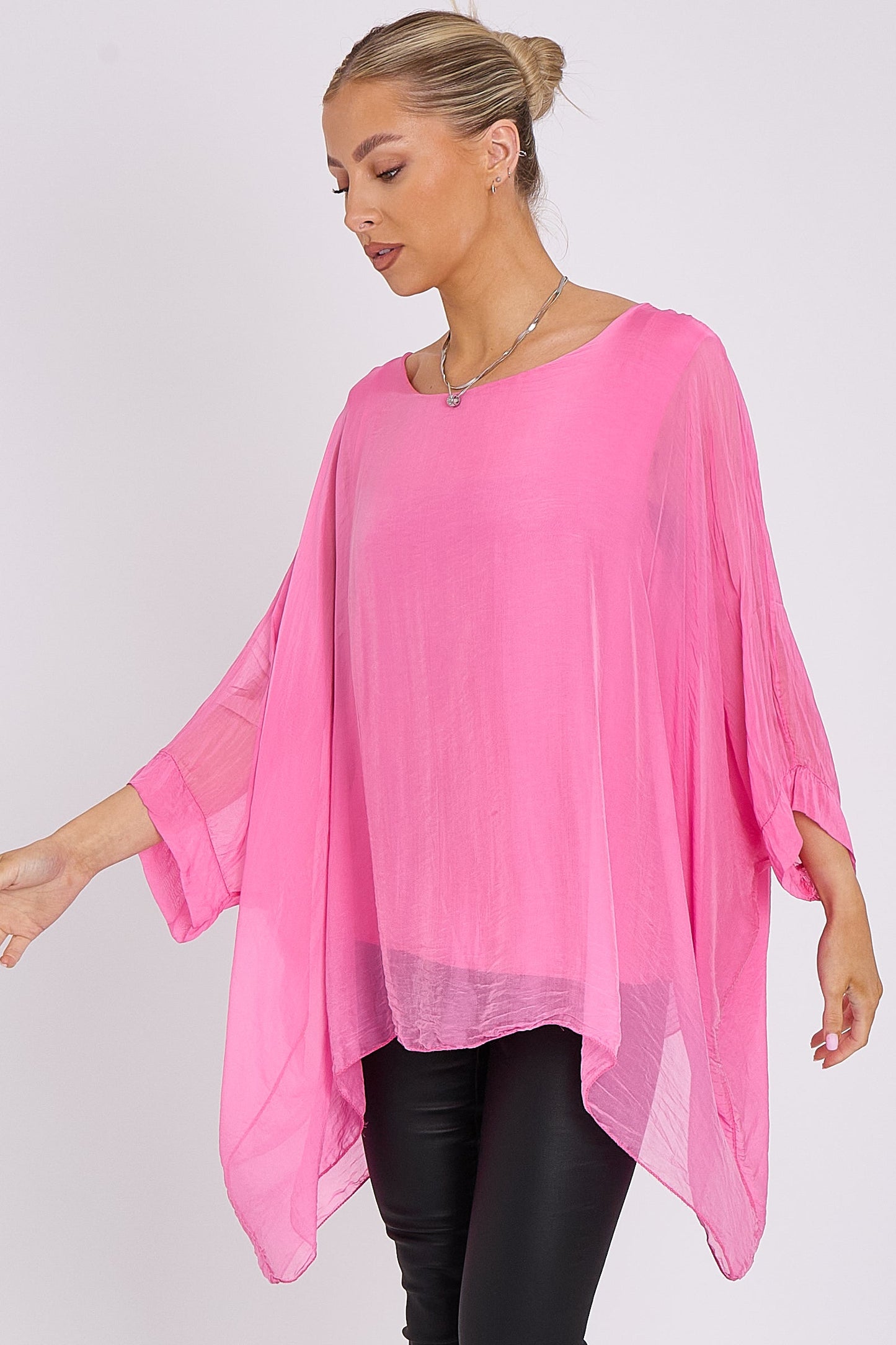 Pink Silk Batwing Sleeve Top Blouse-2