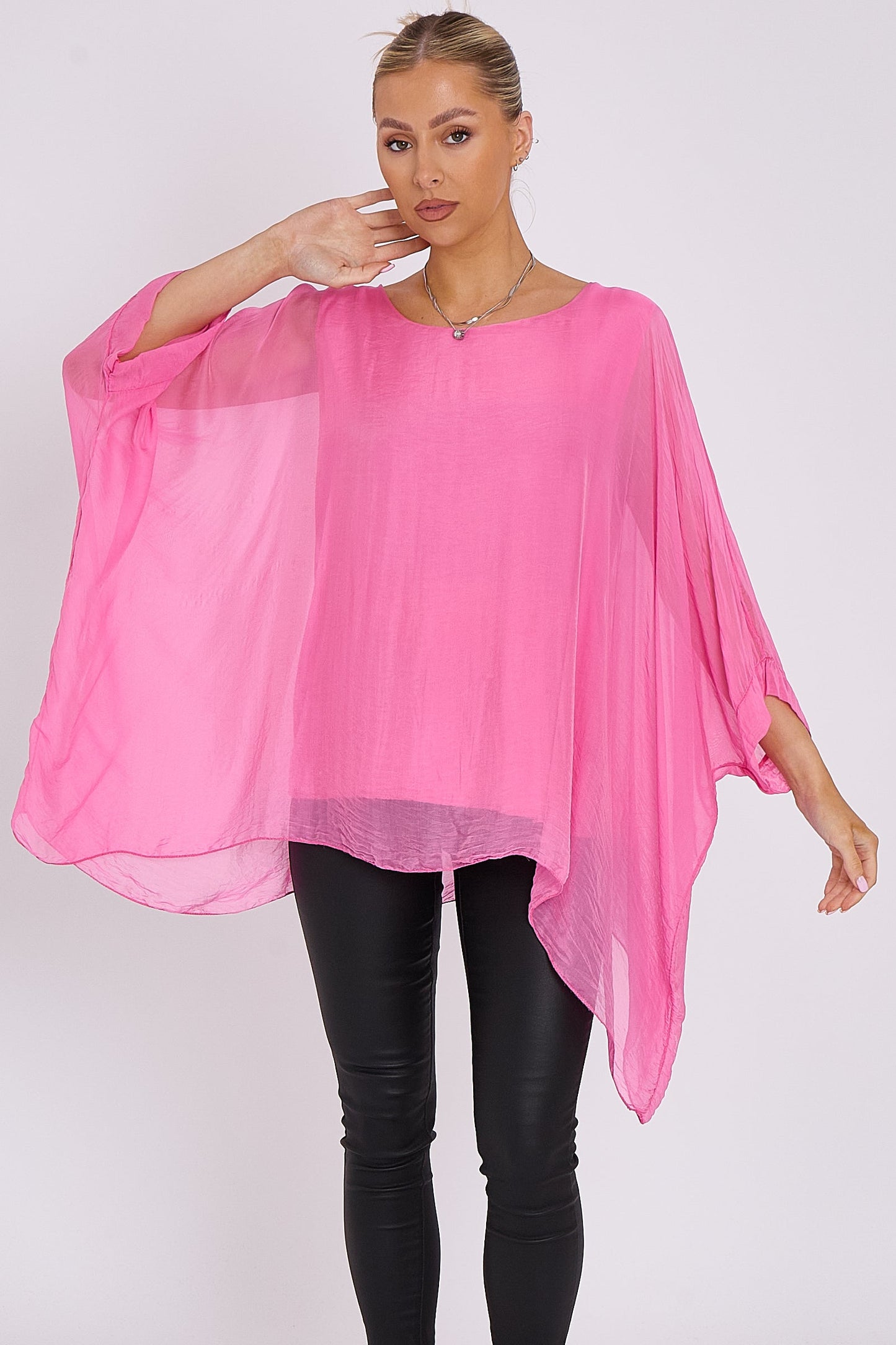 Pink Silk Batwing Sleeve Top Blouse-1
