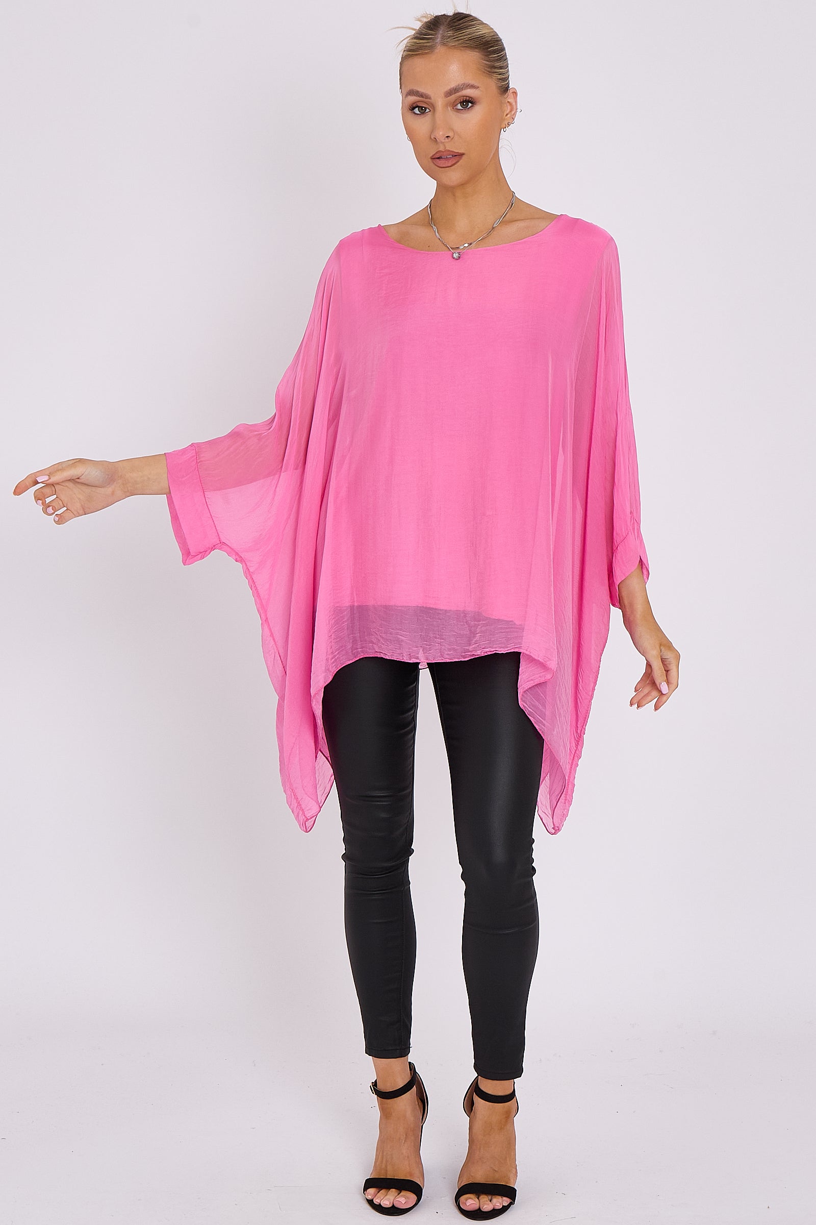 Pink Silk Batwing Sleeve Top Blouse-0