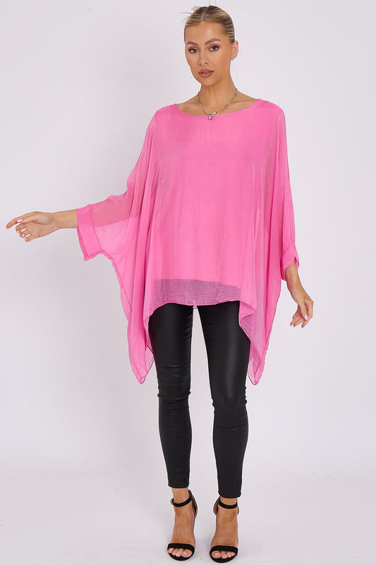 Pink Silk Batwing Sleeve Top Blouse-0