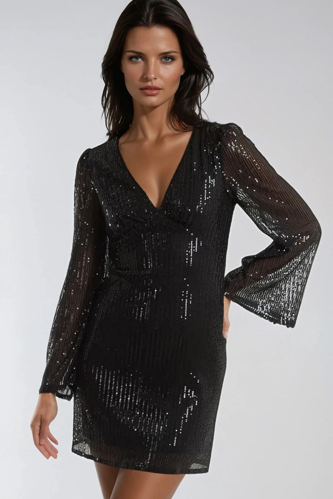 Black Sequin Angel Sleeve V Neck Mini Dress-0