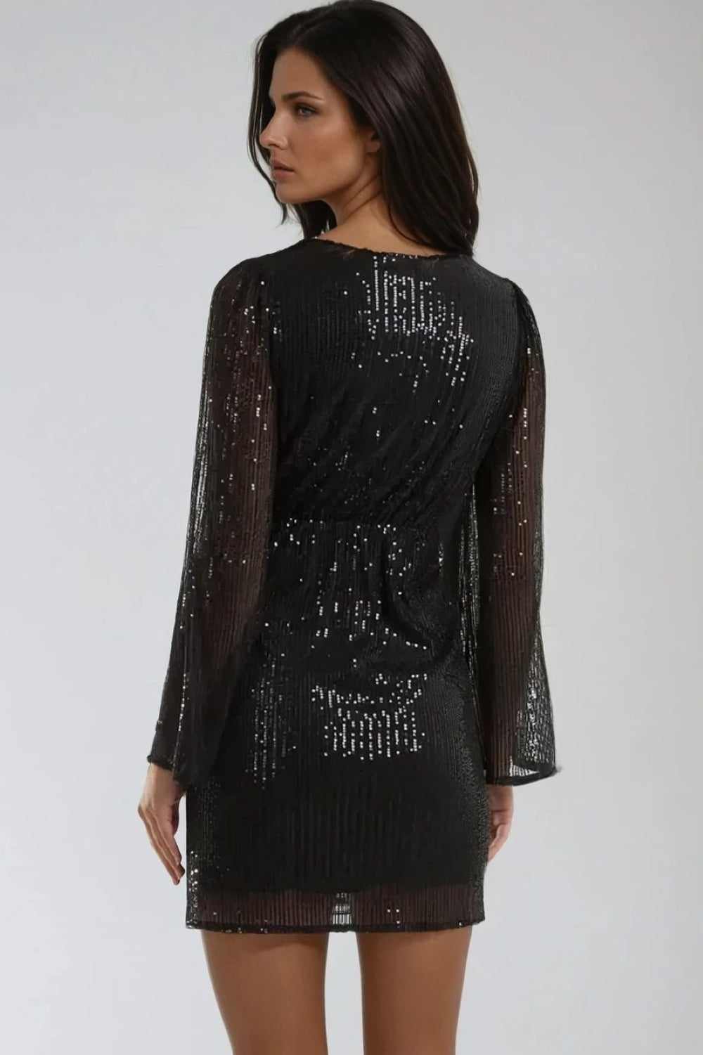Black Sequin Angel Sleeve V Neck Mini Dress-2