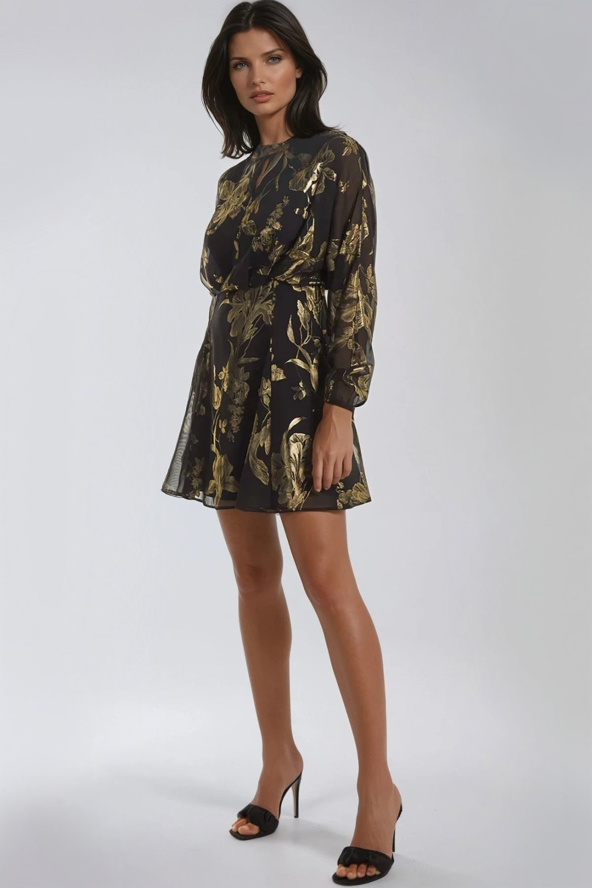 Black Gold Keyhole Foil Floral Detail Mini Dress-1