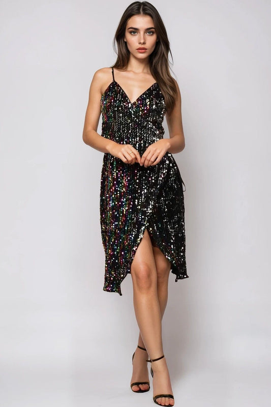 Multicolour Sequin Velvet Mini Wrap Dress-0