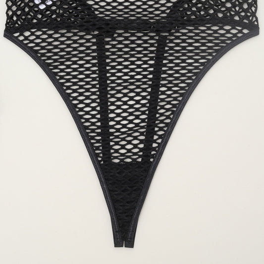 Backless Erotic Bodysuit with Handcuffs - Chic Fishnet Style - Wholesale Lingerie Crotch Details