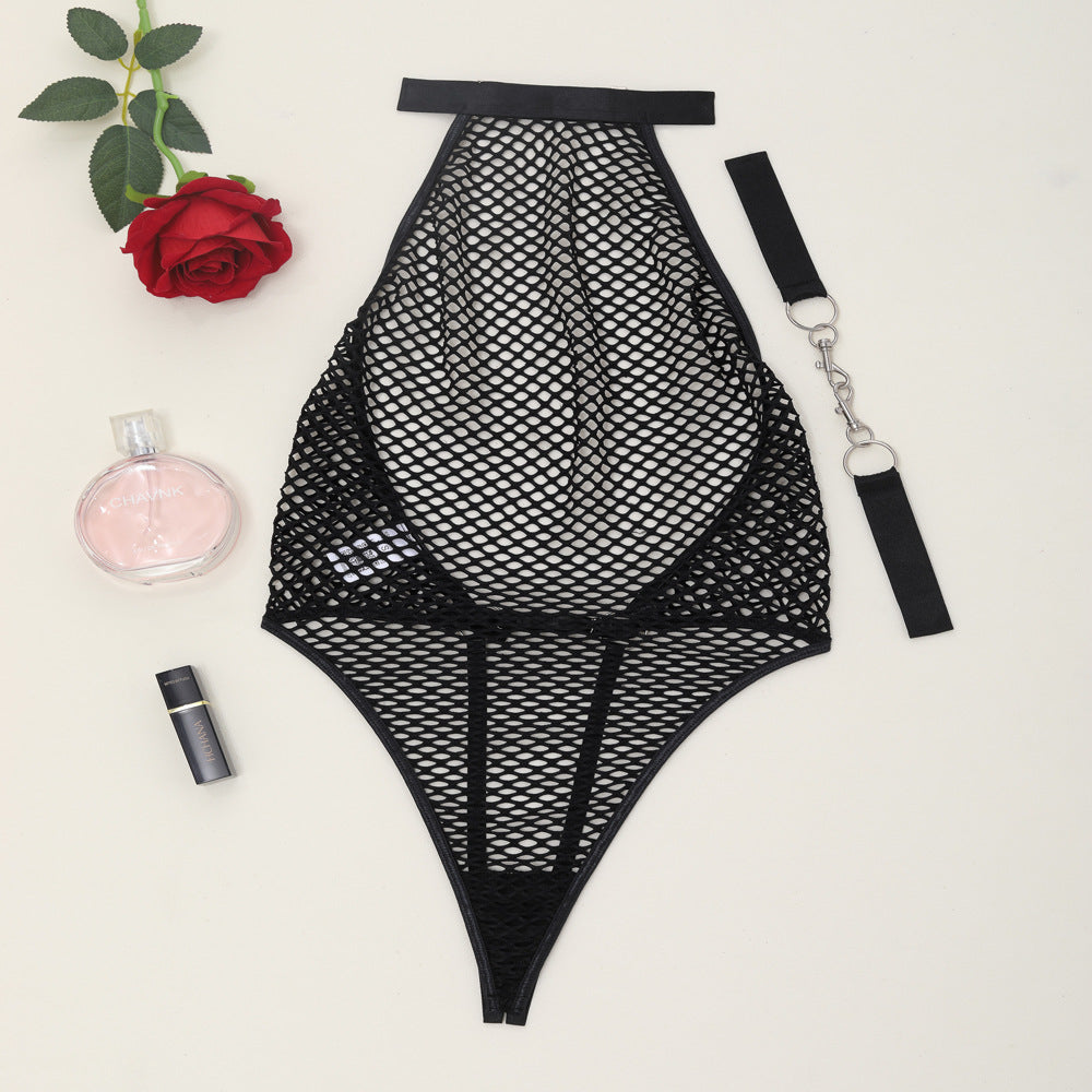 Backless Erotic Bodysuit with Handcuffs - Chic Fishnet Style - Wholesale Lingerie Over Veiw