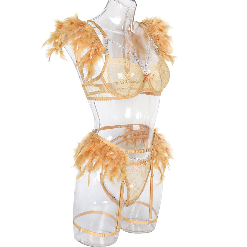 Bisque Enchanting Lace Bra & Panty Set with Garter Side View