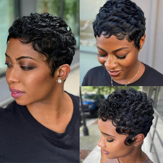 Black Curly Pixie Hair Wig for Women-0