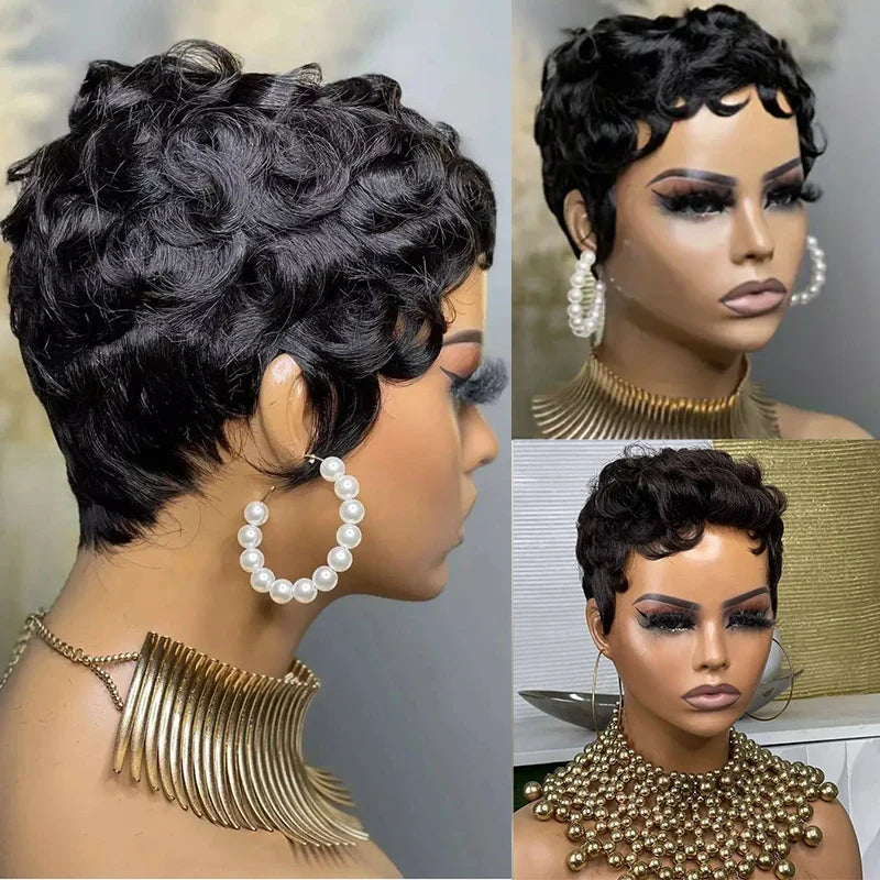 Black Curly Pixie Hair Wig for Women-4