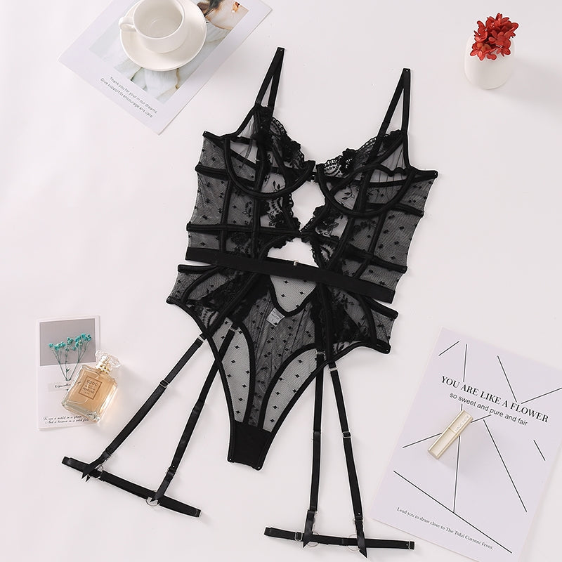 Black Embroidered Sheer Mesh Bodysuit with Open Back Crotch Details