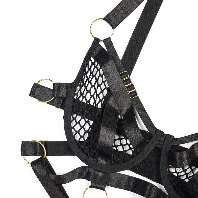 Black Fishnet Bra and Panty Set with Brai