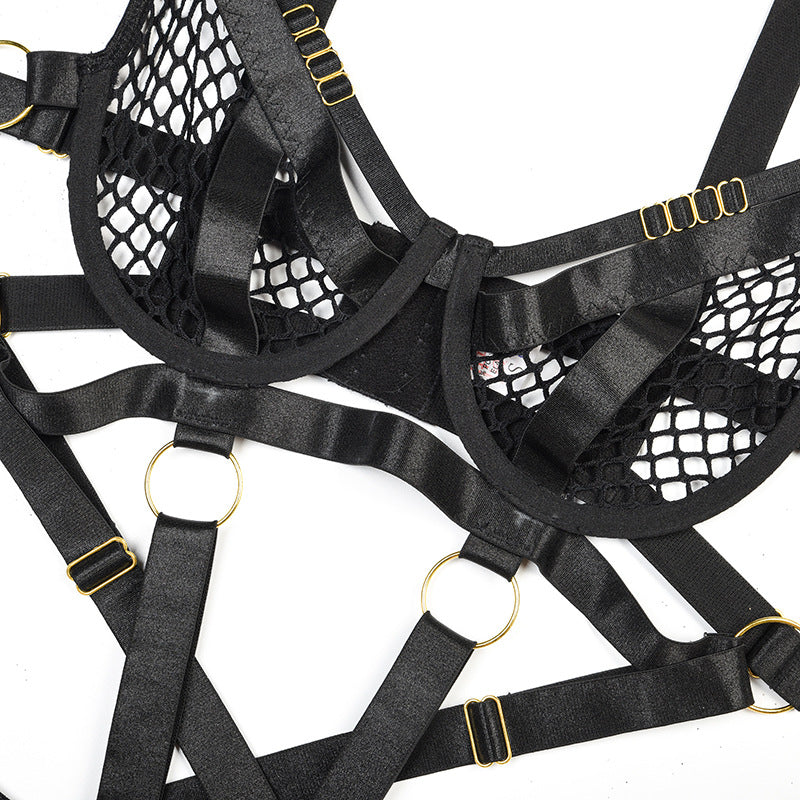 Black Fishnet Bra and Panty Set with Braided Stitching Bra Display
