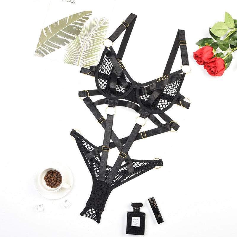 Black Fishnet Bra and Panty Set with Braided Stitching Over View