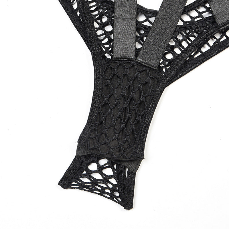 Black Fishnet Bra and Panty Set with Braided Stitching-9
