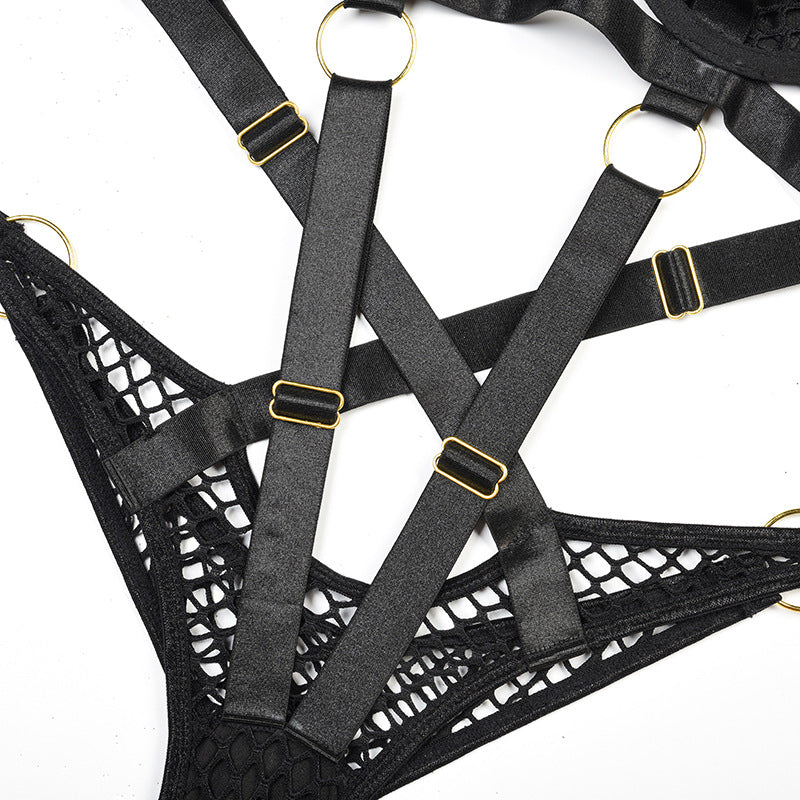 Black Fishnet Bra and Panty Set with Braided Stitching-8