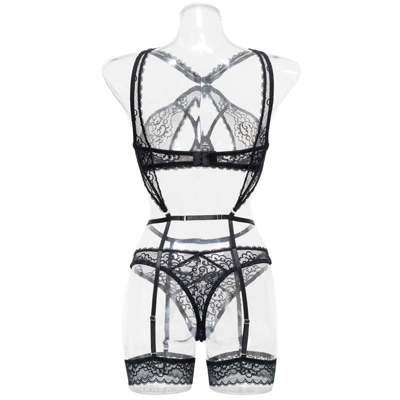 Black Lace Bra Set with Crossover Halter Neck Back View