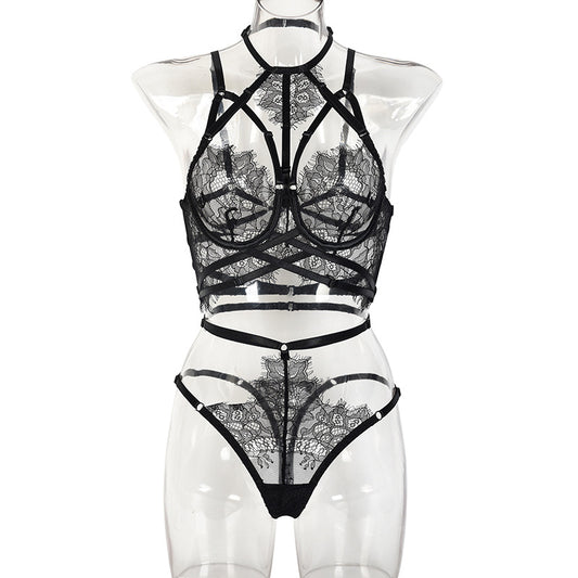 Black See-Through Lace Bra and Panty Set with Double Chest Lift Front View