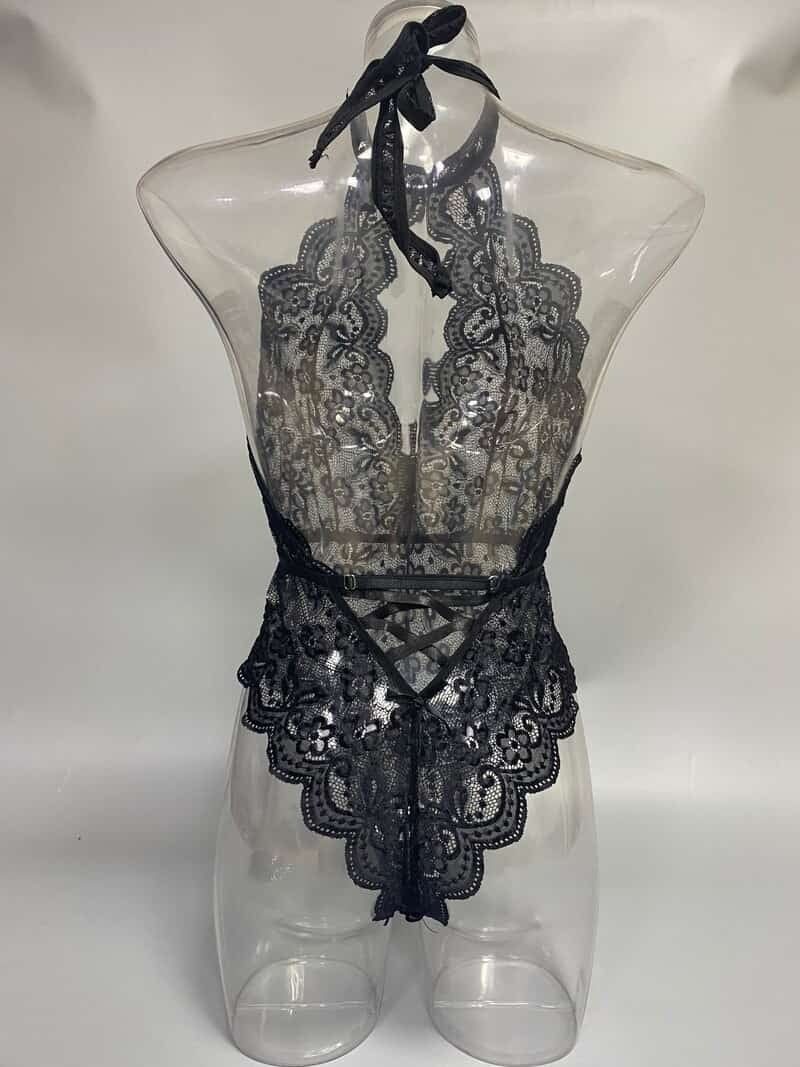 Black Turtleneck Sleeveless Sheer Teddy Suit Back View
