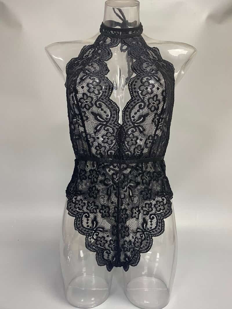 Black Turtleneck Sleeveless Sheer Teddy Suit Front View