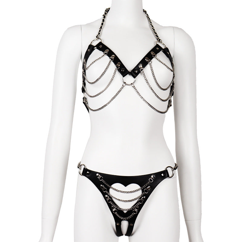 Black Wholesale Kinky Leather Wear Bondage Bra and Panty Set