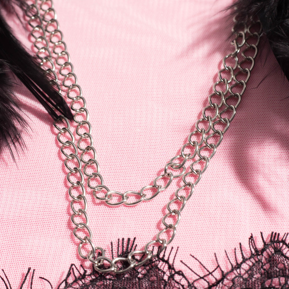 Cupless Metal Chain Bra Three-Piece Set with Feather Belt -Wholes
