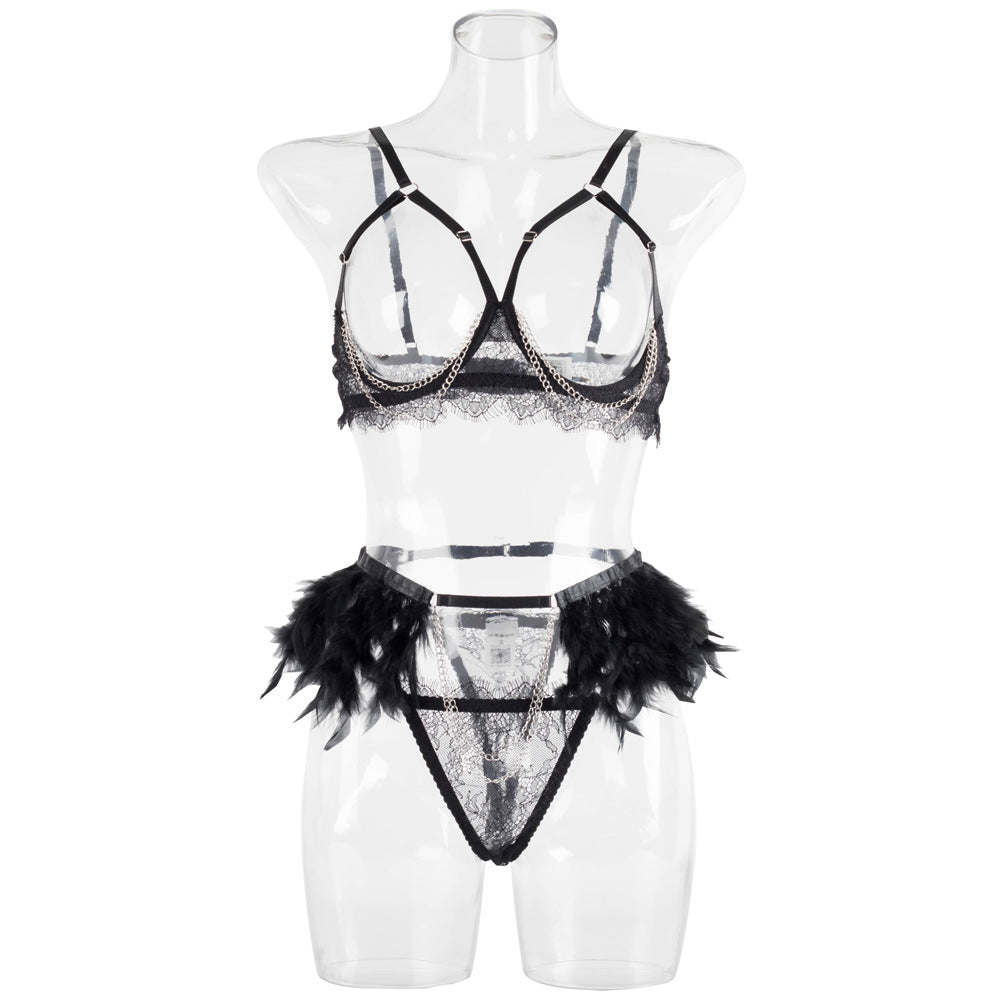 Cupless Metal Chain Bra Three-Piece Set with Feather Waist-8
