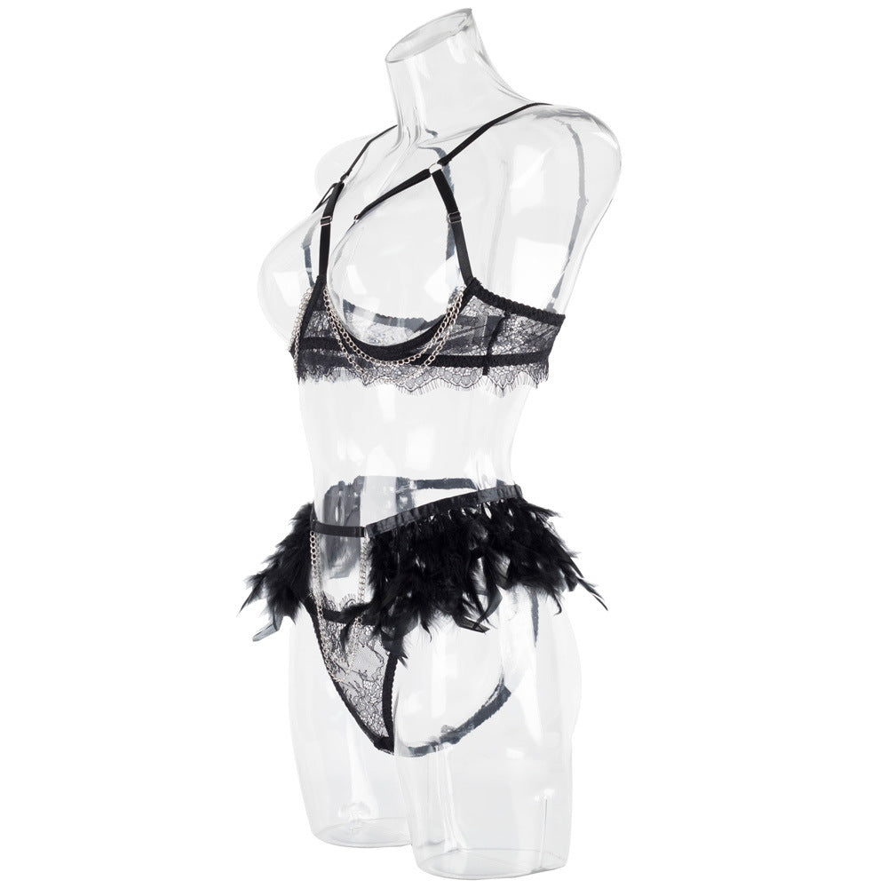 Cupless Metal Chain Bra Three-Piece Set with Feather Waist-9