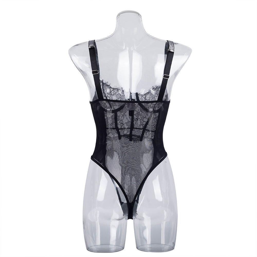 Elegant Black Lace Bodysuit with Ultra-Thin Mesh and Glitter - Wholesale Lingerie Back Details