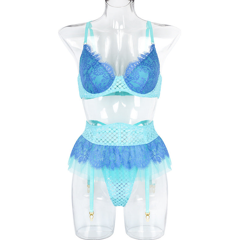 Feather-Strap Diamond Mesh Green Bra Set Front View