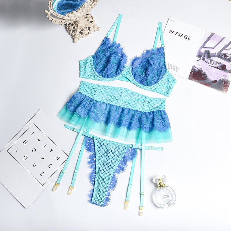 Feather-Strap Diamond Mesh Green Bra Set Over View