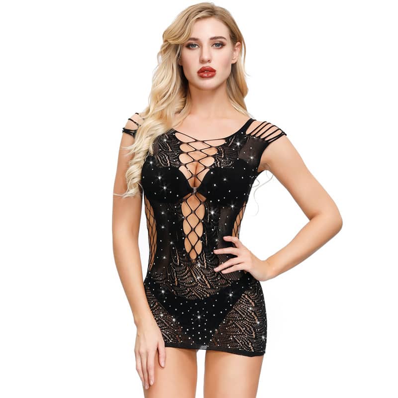 Hollow Out Hip Wrap Fishnet Rhinestone Dress Front SHow