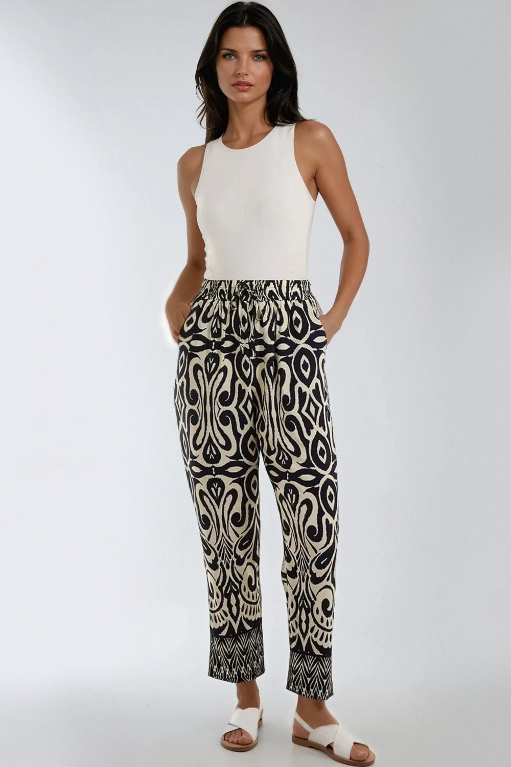 Navy Ikat Print Pull On Trousers-0