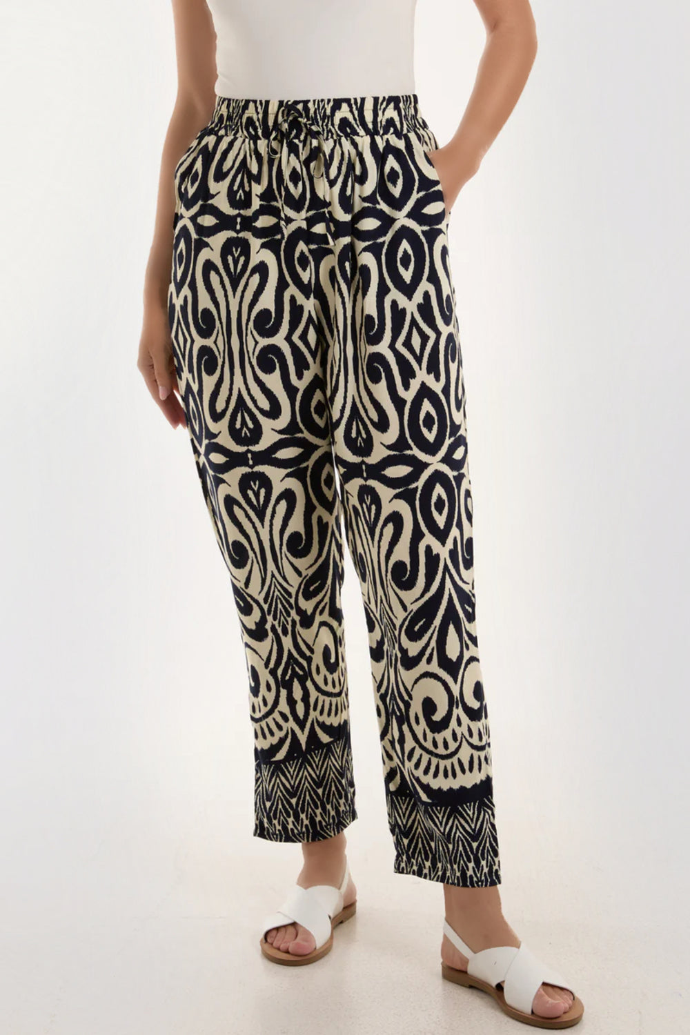 Navy Ikat Print Pull On Trousers-1