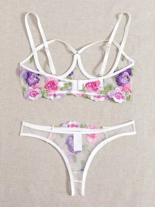 Lace Mesh Embroidered Bra Set Back Overview