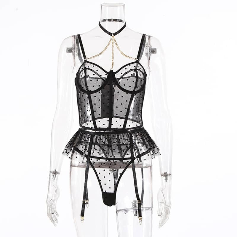 Lace Polka Dot Ruffle Bustier Bra Set Front View