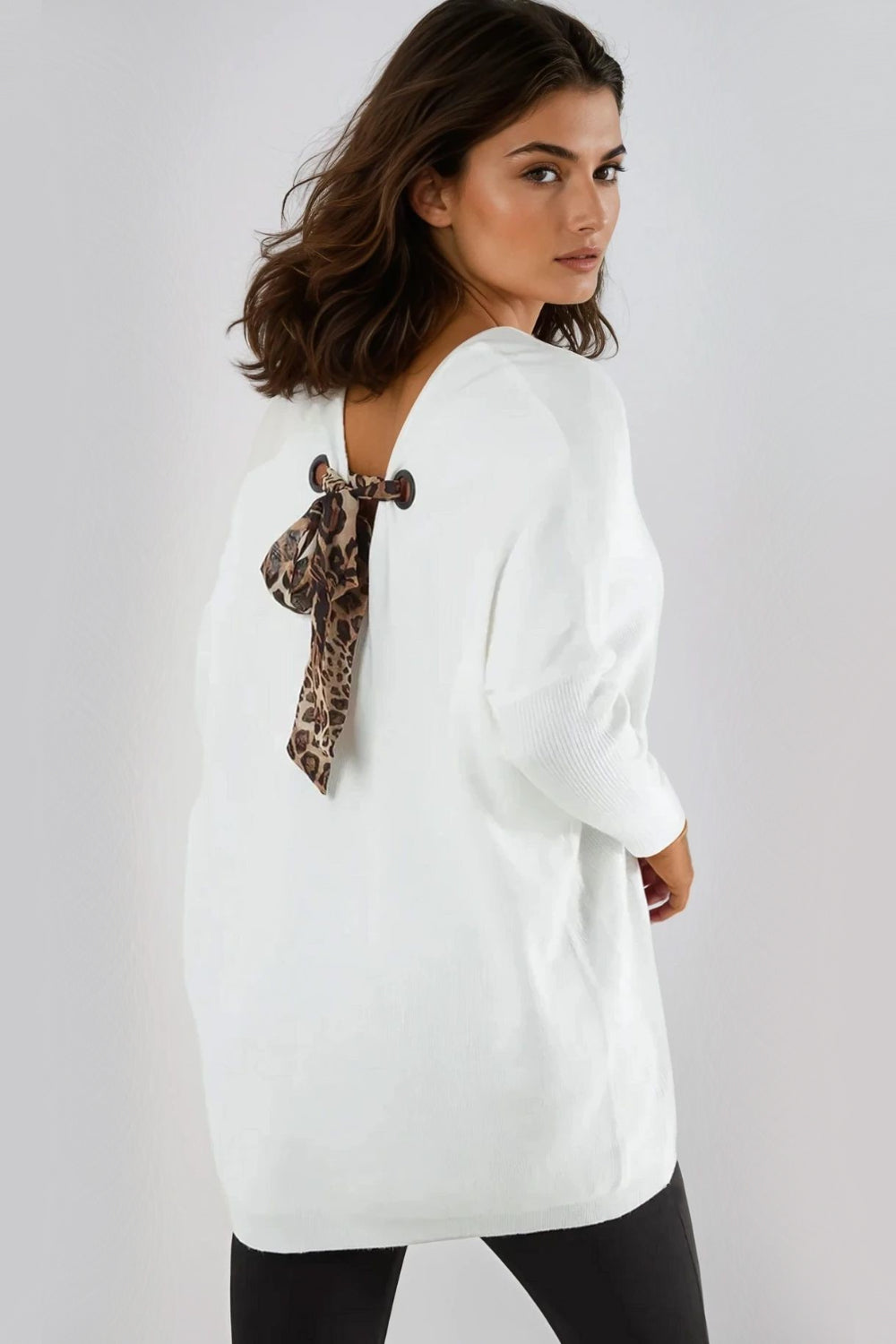 Ivory V Neck Jumper With Leopard Bow-0