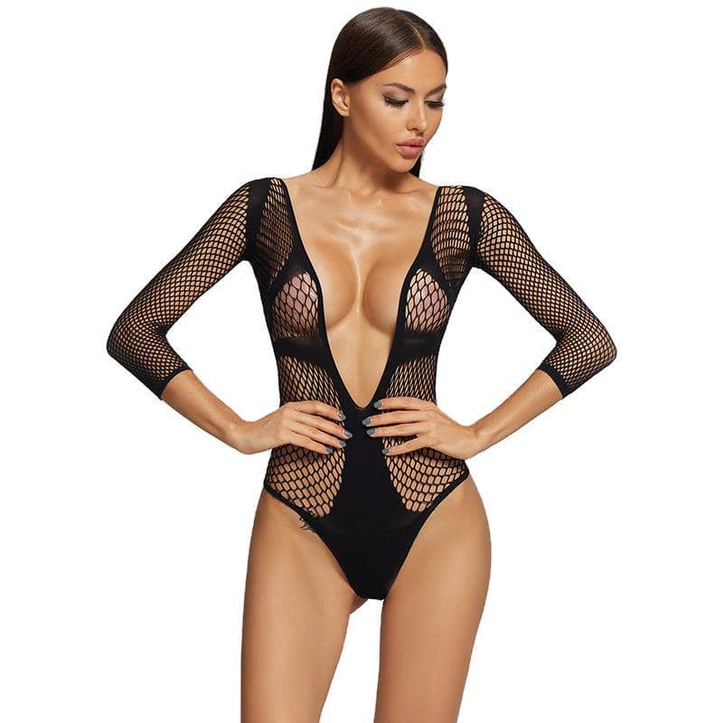 Long Sleeve Deep V Wholesale Sexy Fishnet Body Suit Display
