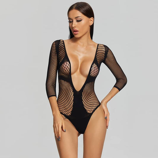 Long Sleeve Deep V Wholesale Sexy Fishnet Body Suit Front Show