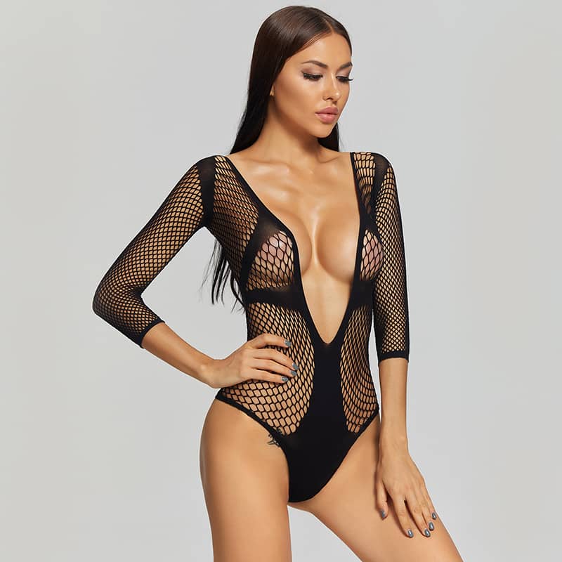 Long Sleeve Deep V Wholesale Sexy Fishnet Body Suit Site Show