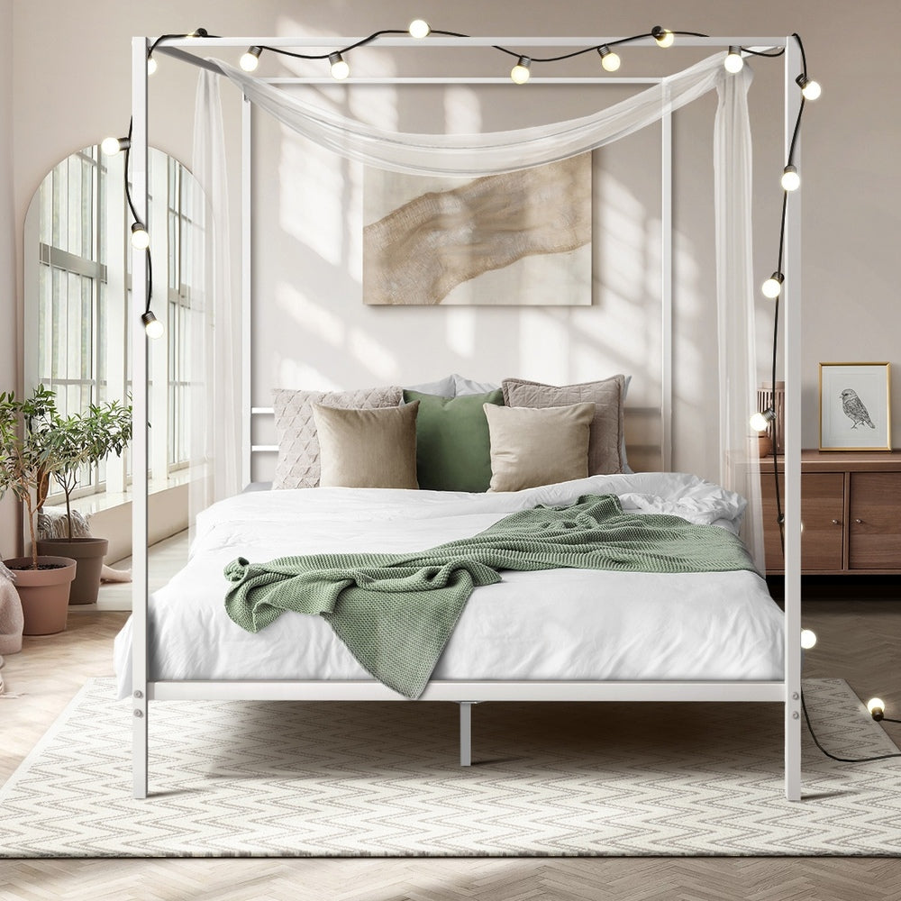 NNEED Metal Canopy Bed Frame Queen Size White-2