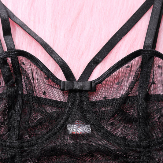 Midnight Polka Dot Lace Chemise Set Back Bra