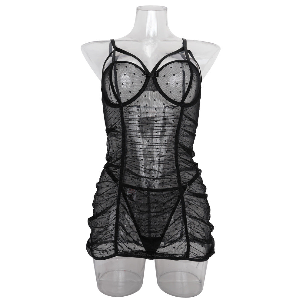 Midnight Polka Dot Lace Chemise Set Fornt View